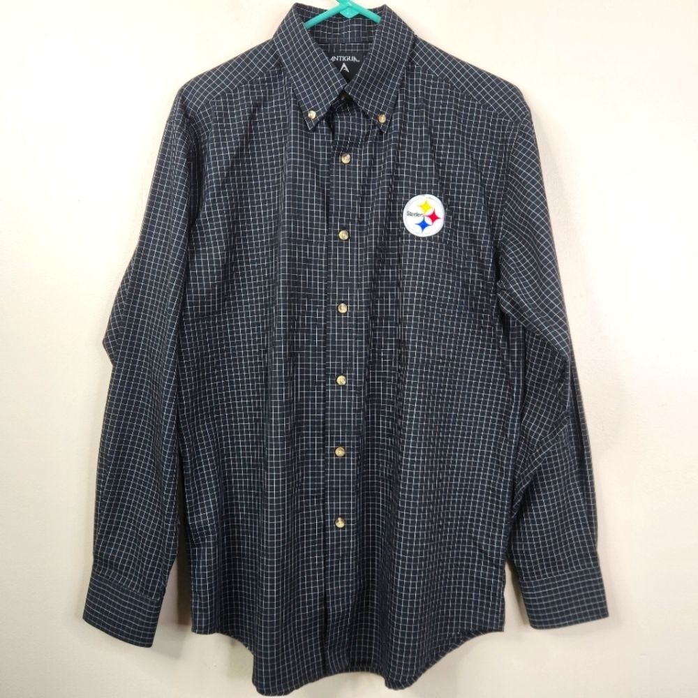 Antigua Mens Pittsburgh Steelers Gingham Pattern Long Sleeve Button Down Small